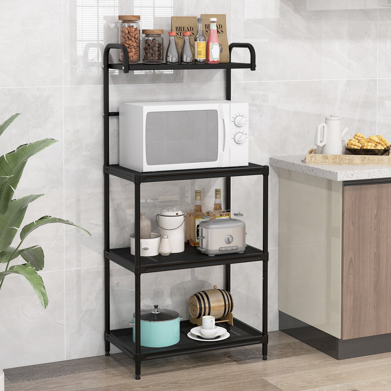 4-Tier Kitchen Shelf Rack Black Iron Metal with Mesh Wire and Heavy Duty Storage for Microwave Oven